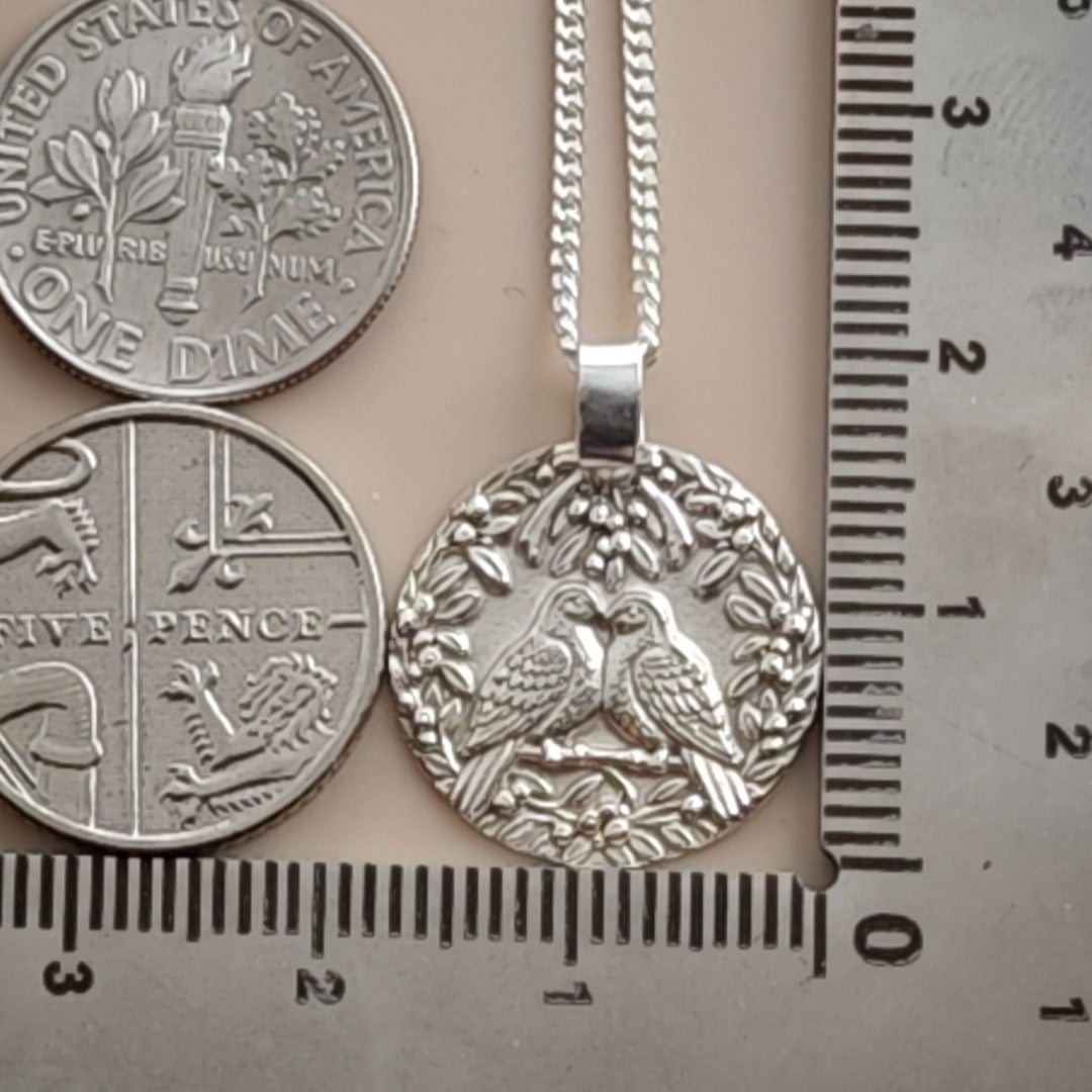 Two Turtle Doves engraved coin pendant necklace in recycled sterling silver, Ojewellery Christmas jewellery