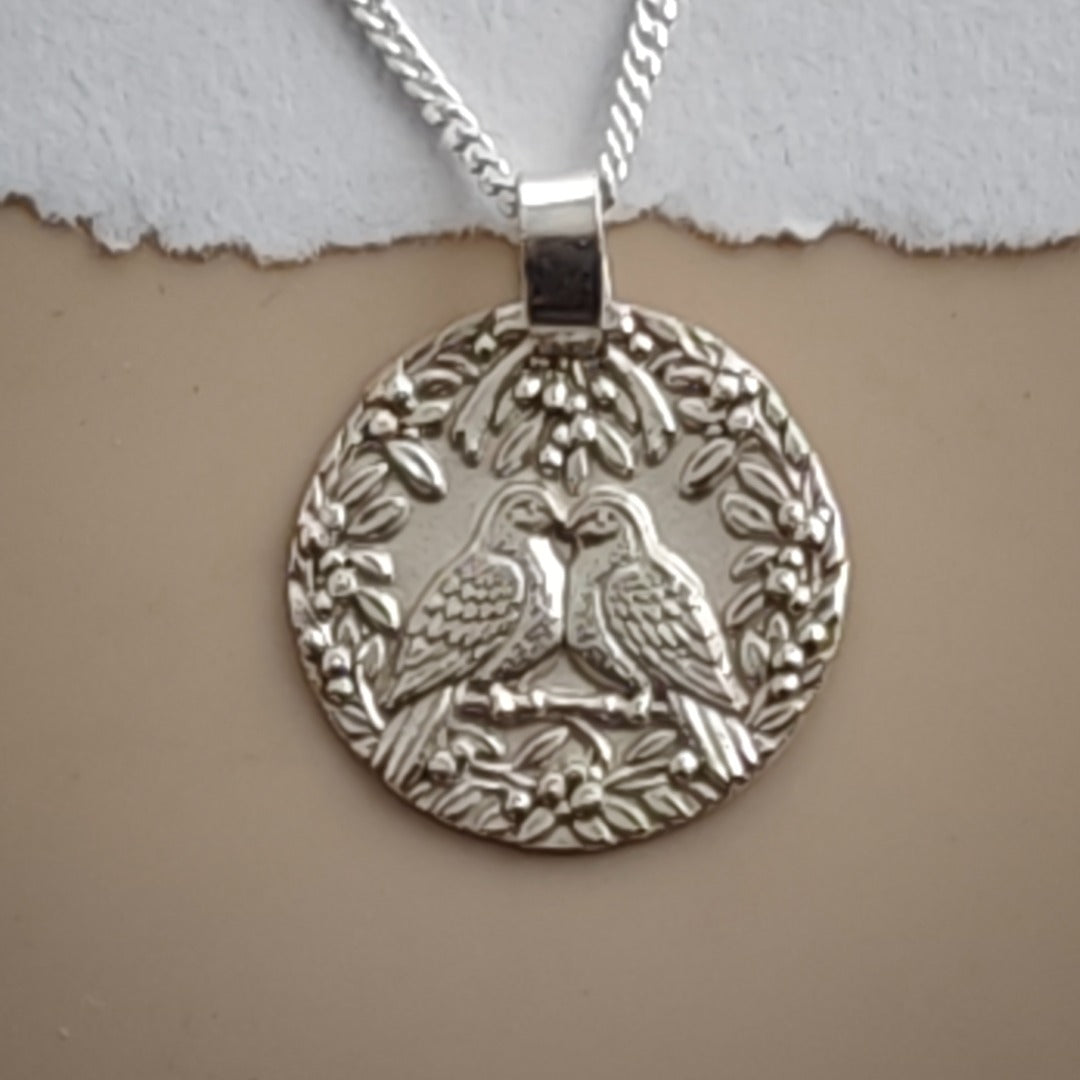 Two Turtle Doves engraved coin pendant necklace in recycled sterling silver, Ojewellery Christmas jewellery