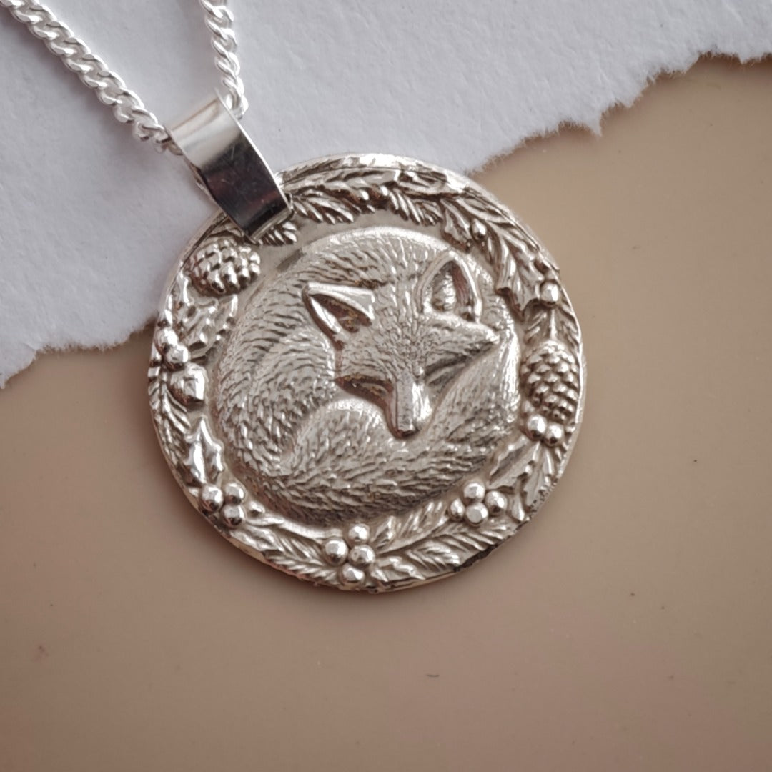 Curled-up sleeping fox engraved coin pendant necklace in recycled sterling silver, Ojewellery Christmas jewellery