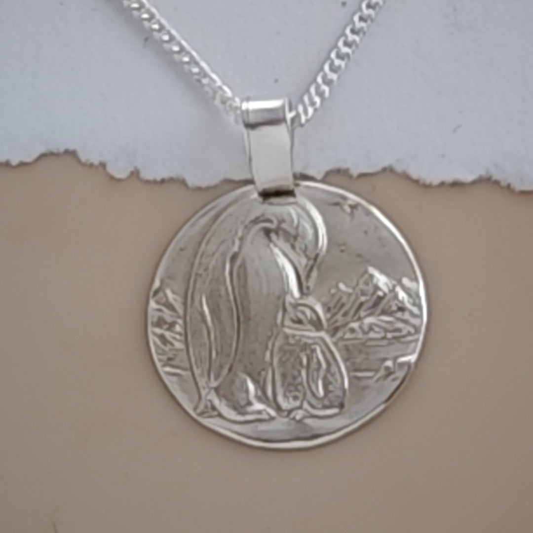 Emperor penguin and chick engraved coin pendant necklace in recycled sterling silver, Ojewellery Christmas jewellery