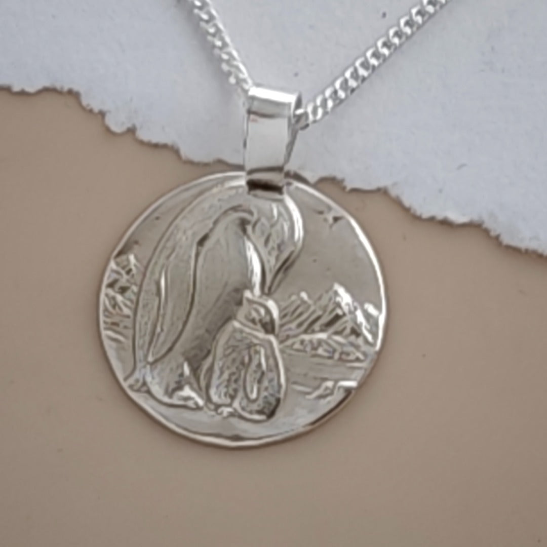 Emperor penguin and chick engraved coin pendant necklace in recycled sterling silver, Ojewellery Christmas jewellery
