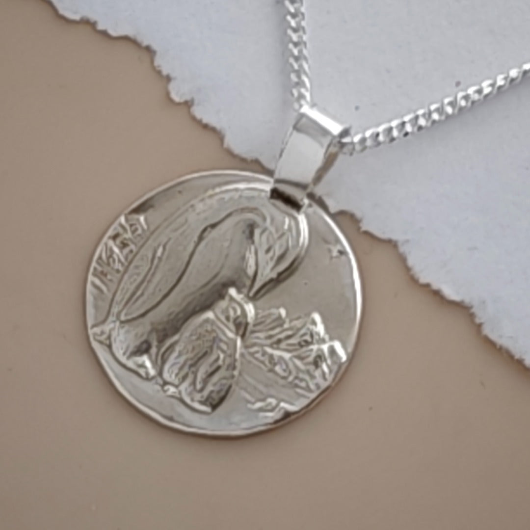 Emperor penguin and chick engraved coin pendant necklace in recycled sterling silver, Ojewellery Christmas jewellery
