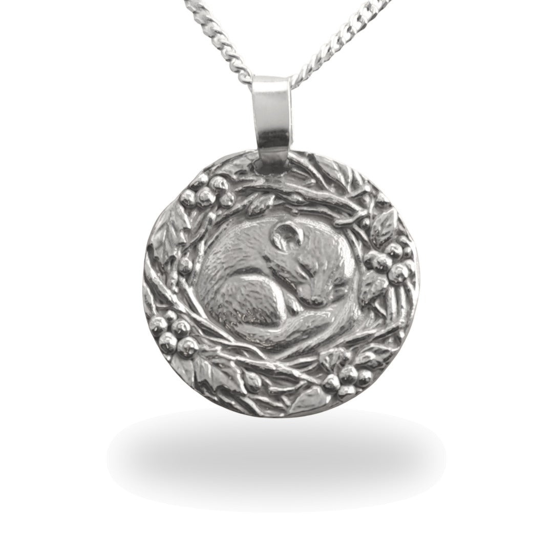 Dormouse curled in a winter nest engraved coin pendant necklace in recycled sterling silver, Ojewellery Christmas jewellery