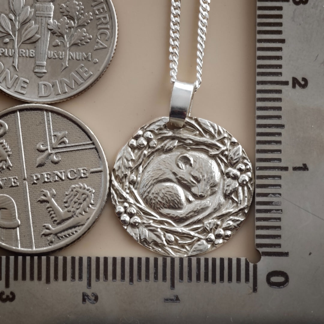 Dormouse curled in a winter nest engraved coin pendant necklace in recycled sterling silver, Ojewellery Christmas jewellery