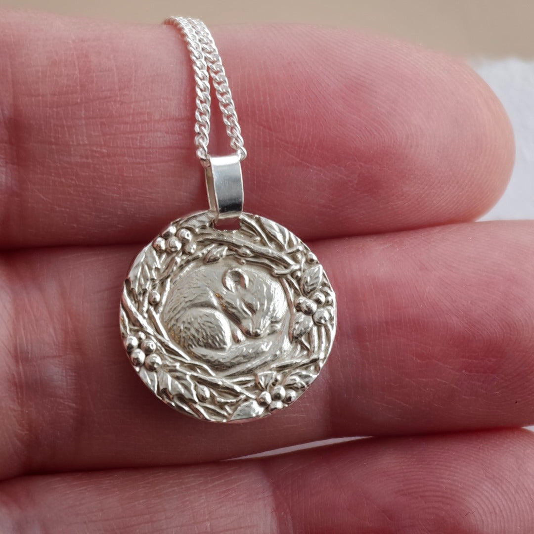 Dormouse curled in a winter nest engraved coin pendant necklace in recycled sterling silver, Ojewellery Christmas jewellery