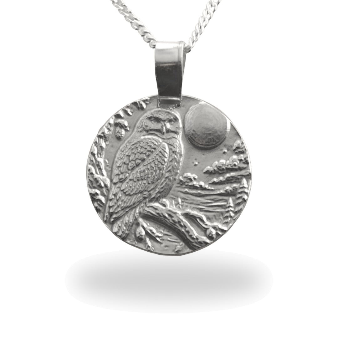 Snowy owl engraved coin pendant necklace in recycled sterling silver, Ojewellery Christmas jewellery