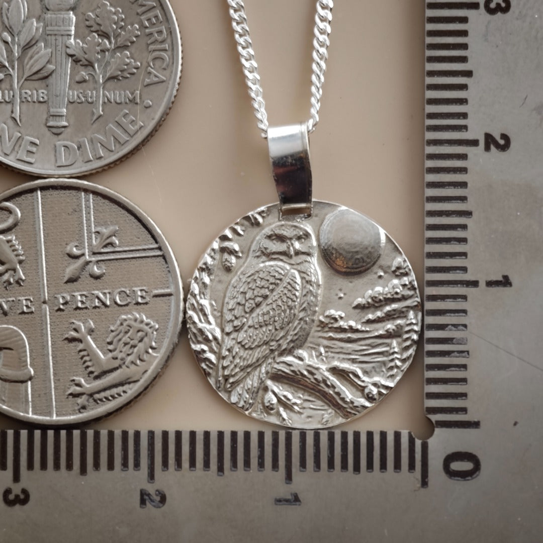 Snowy owl engraved coin pendant necklace in recycled sterling silver, Ojewellery Christmas jewellery