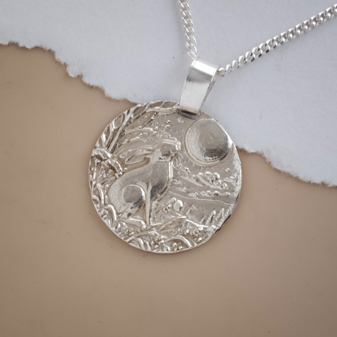 Winter Moongazing Hare Coin Necklace – Deep Engraved Recycled Sterling Silver, Christmas Gift
