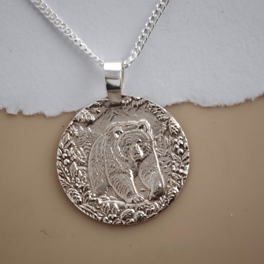 Grizzly Bear Coin Necklace Deep Engraved Recycled Sterling Silver