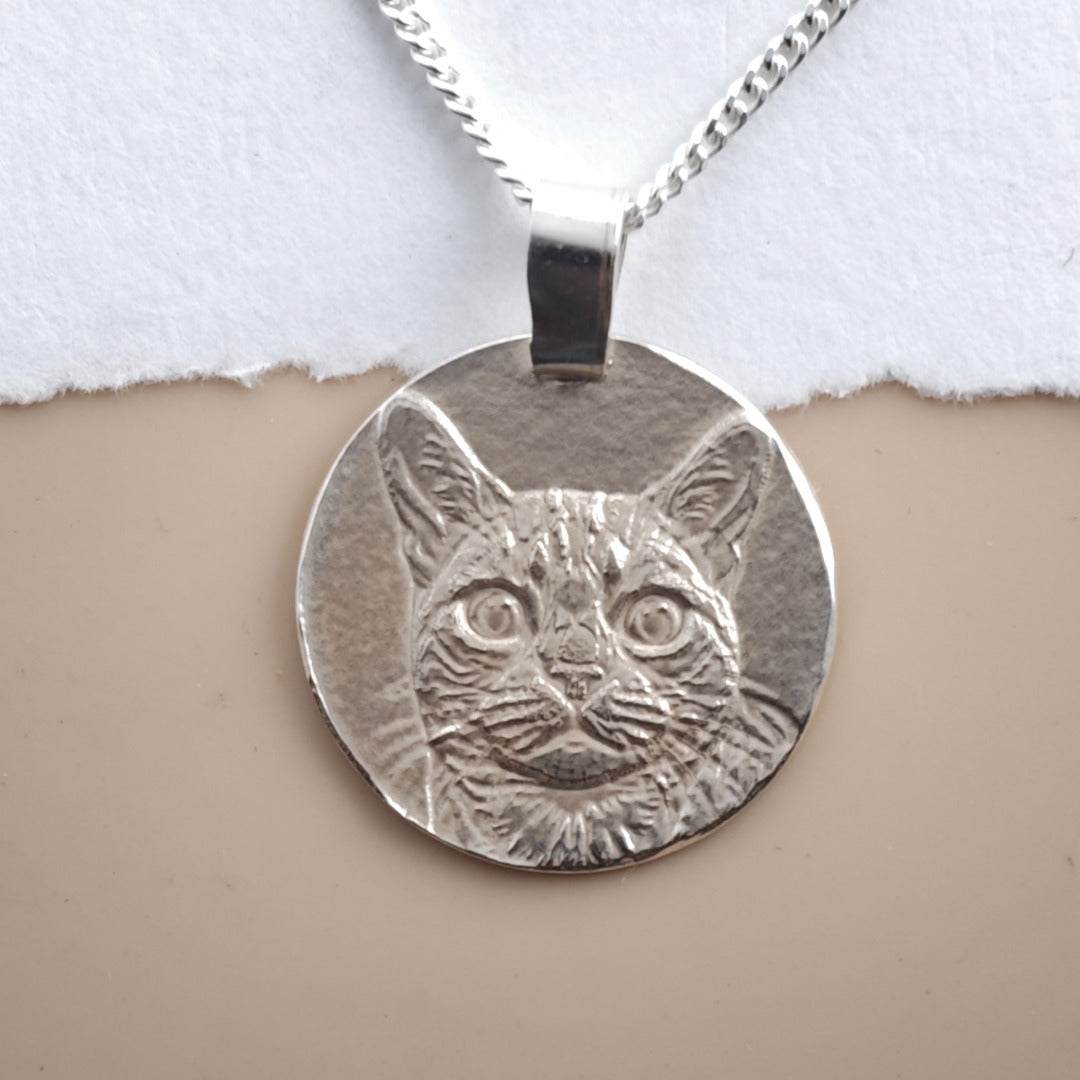 Bengal Cat Coin Necklace in Deep Engraved Recycled Sterling Silver