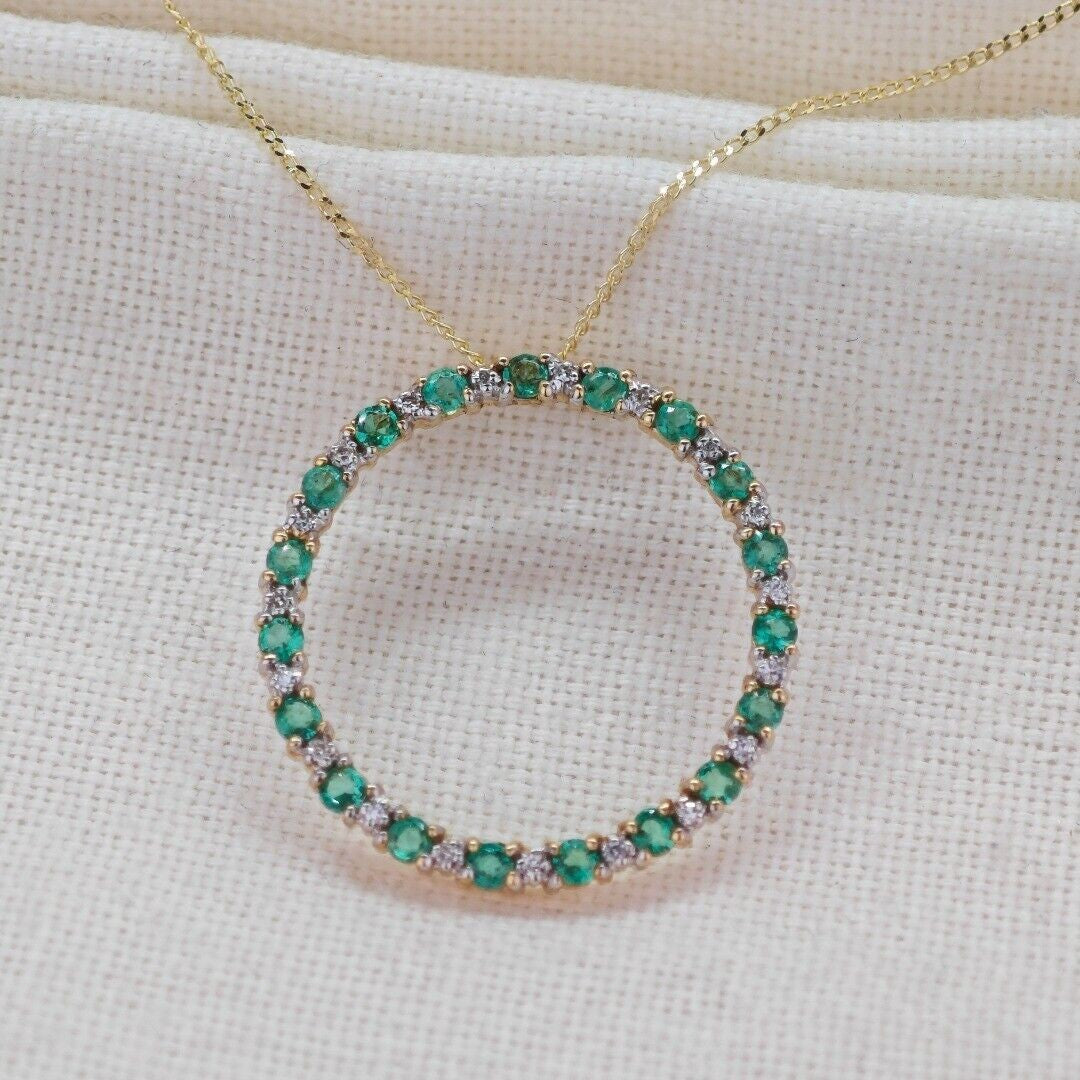 9ct Gold Necklace Diamond Emerald Circle