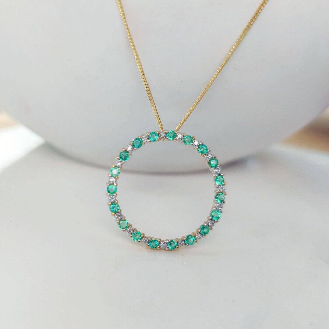 9ct Gold Necklace Diamond Emerald Circle