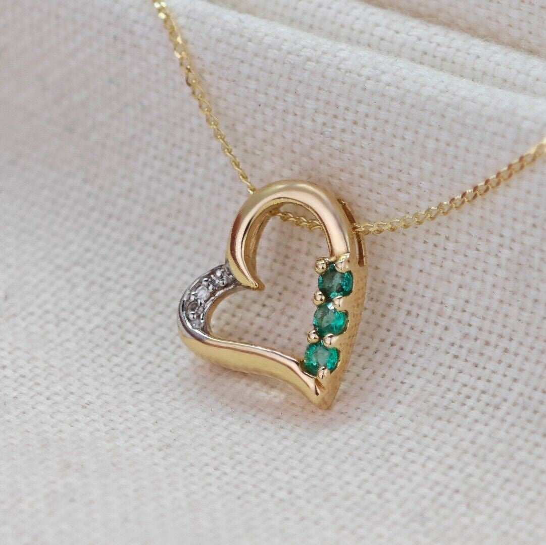 9ct Gold Emerald Necklace Diamond Heart Natural Green Gemstones
