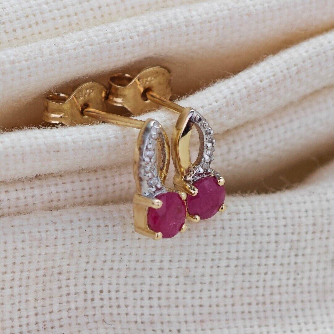 9ct Gold Earrings Diamond Ruby Studs July Birthstone