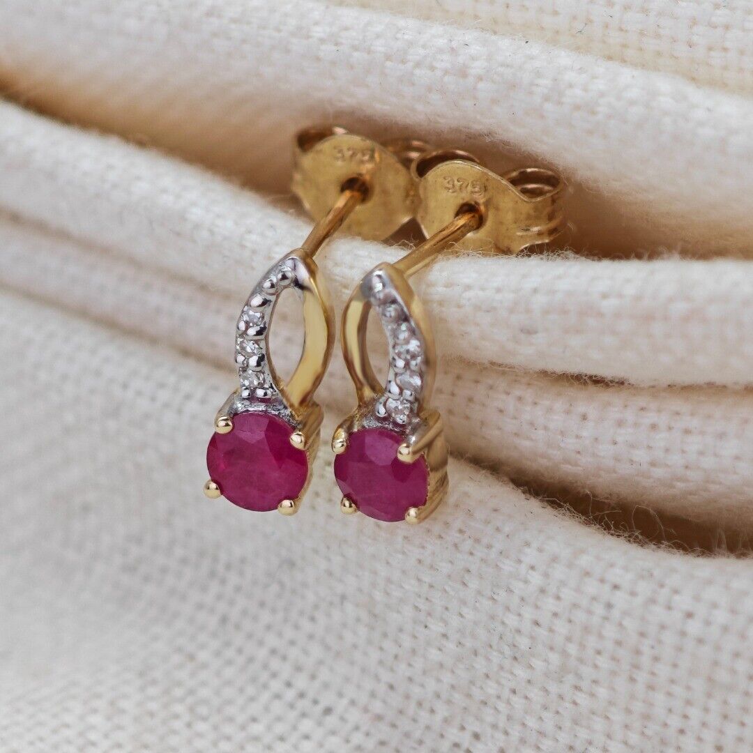 9ct Gold Earrings Diamond Ruby Studs July Birthstone