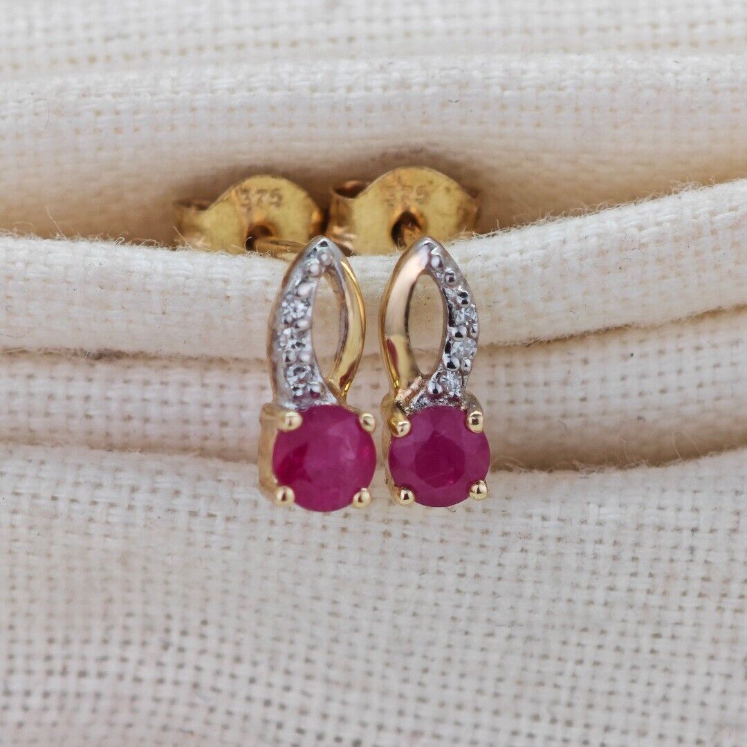 9ct Gold Earrings Diamond Ruby Studs July Birthstone