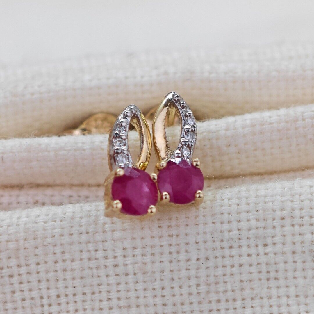 9ct Gold Earrings Diamond Ruby Studs July Birthstone
