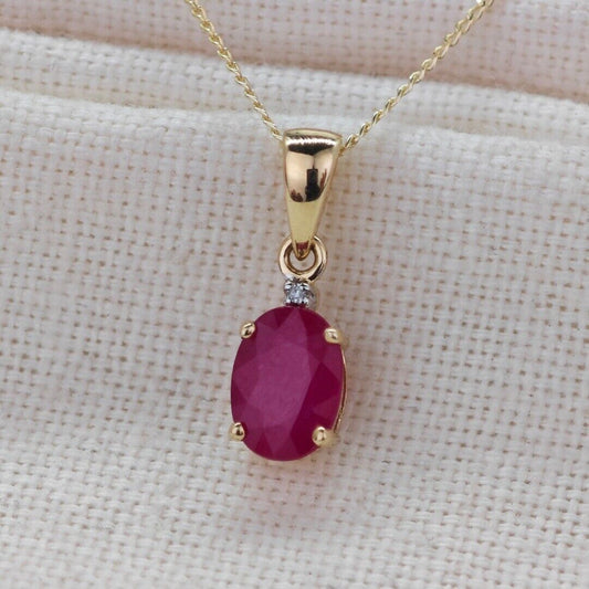 9ct Gold Necklace Diamond Red Ruby Oval 1ct 7x5 July Birthstone