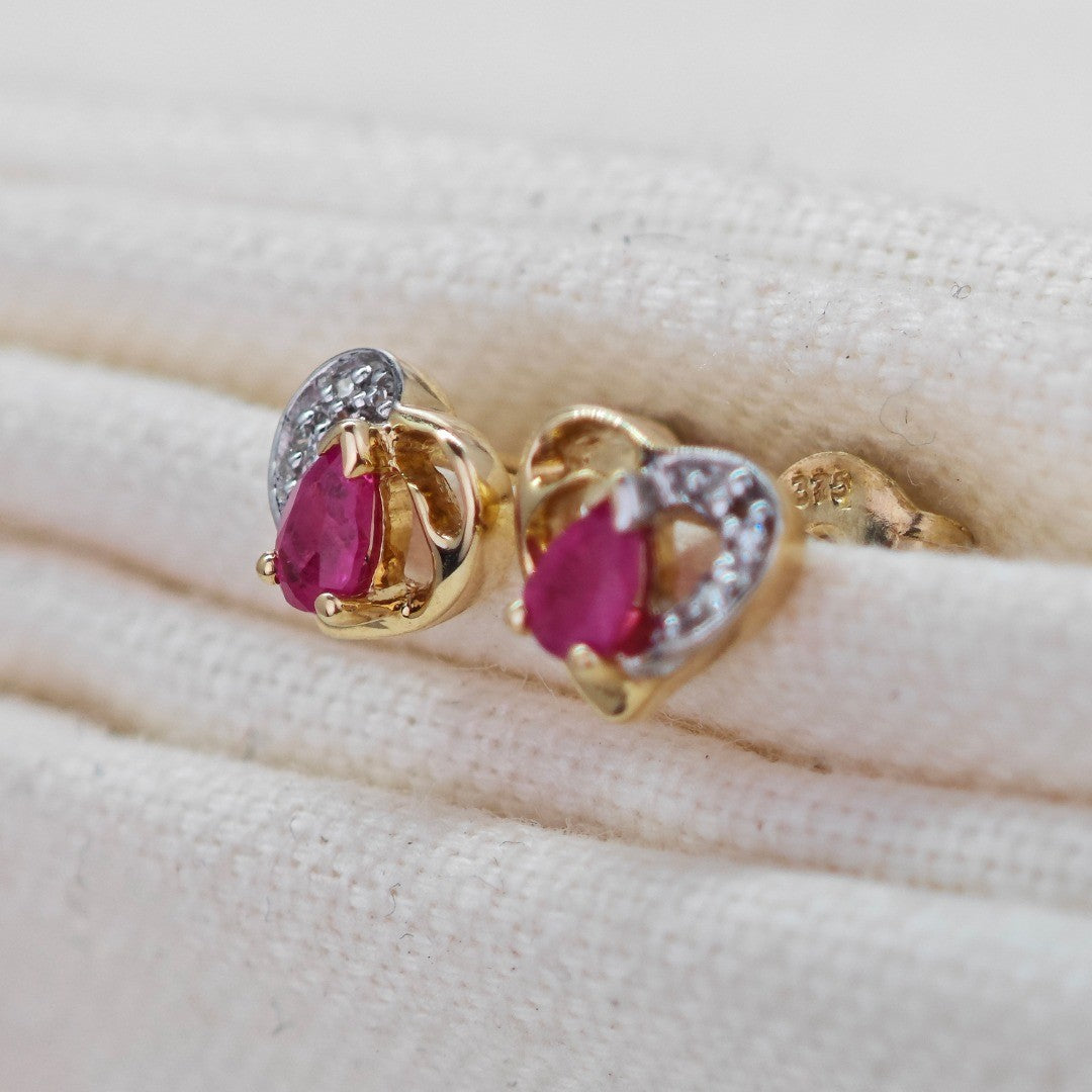 9ct Gold Earrings Diamond Heart Ruby Studs July Birthstone