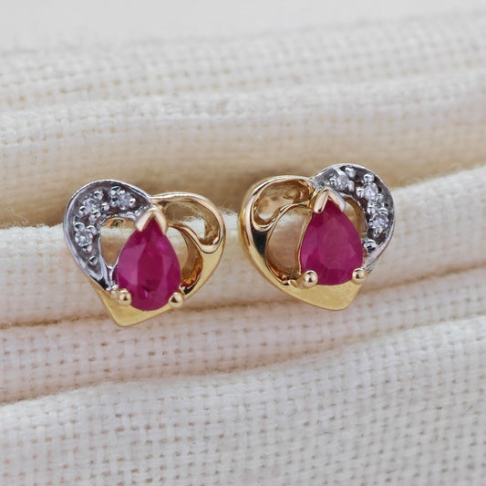 9ct Gold Earrings Diamond Heart Ruby Studs July Birthstone