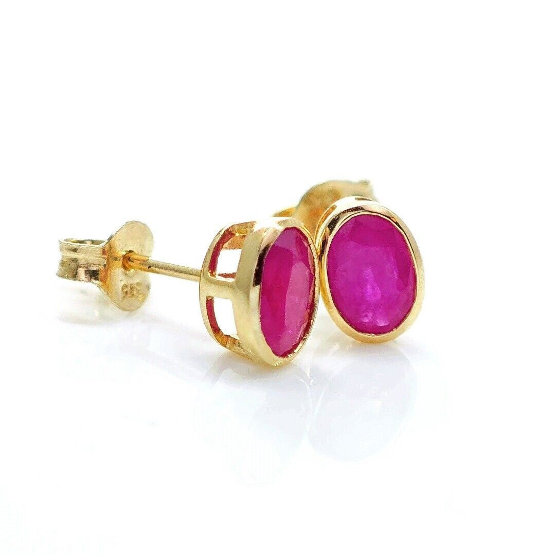 9ct Gold Earrings Stud Ruby Red 1.2ct 6x4 Oval Rubover Setting