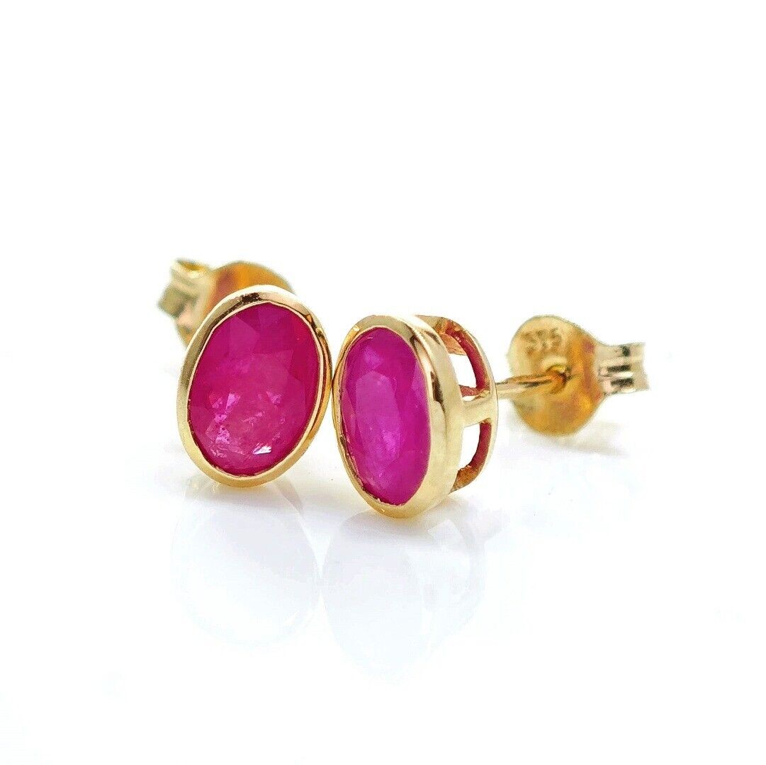 9ct Gold Earrings Stud Ruby Red 1.2ct 6x4 Oval Rubover Setting
