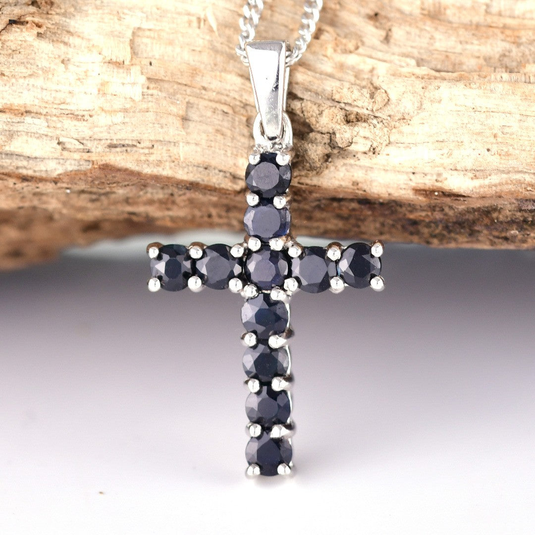 Sapphire Cross Necklace in Sterling Silver
