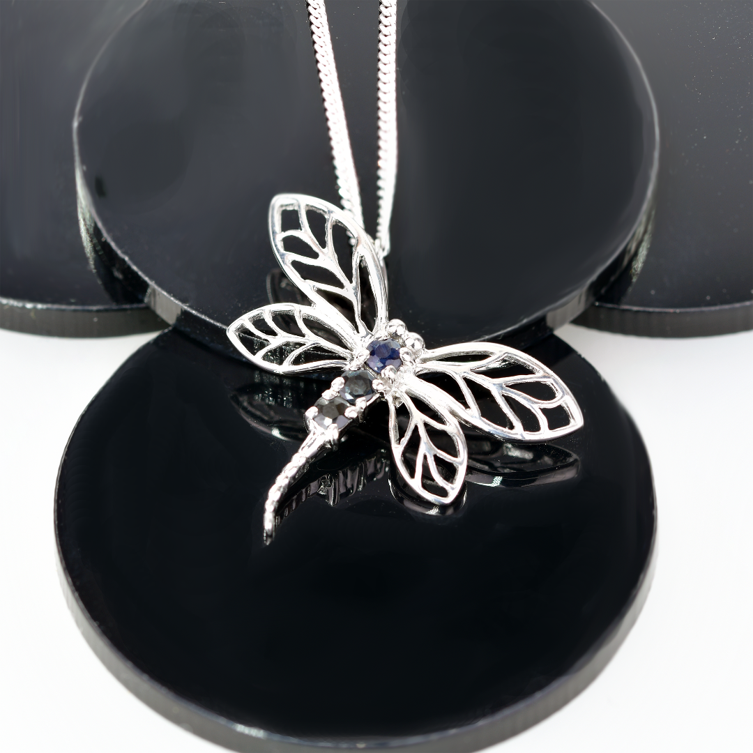 Sapphire Ink Blue Dragonfly Necklace Sterling Silver
