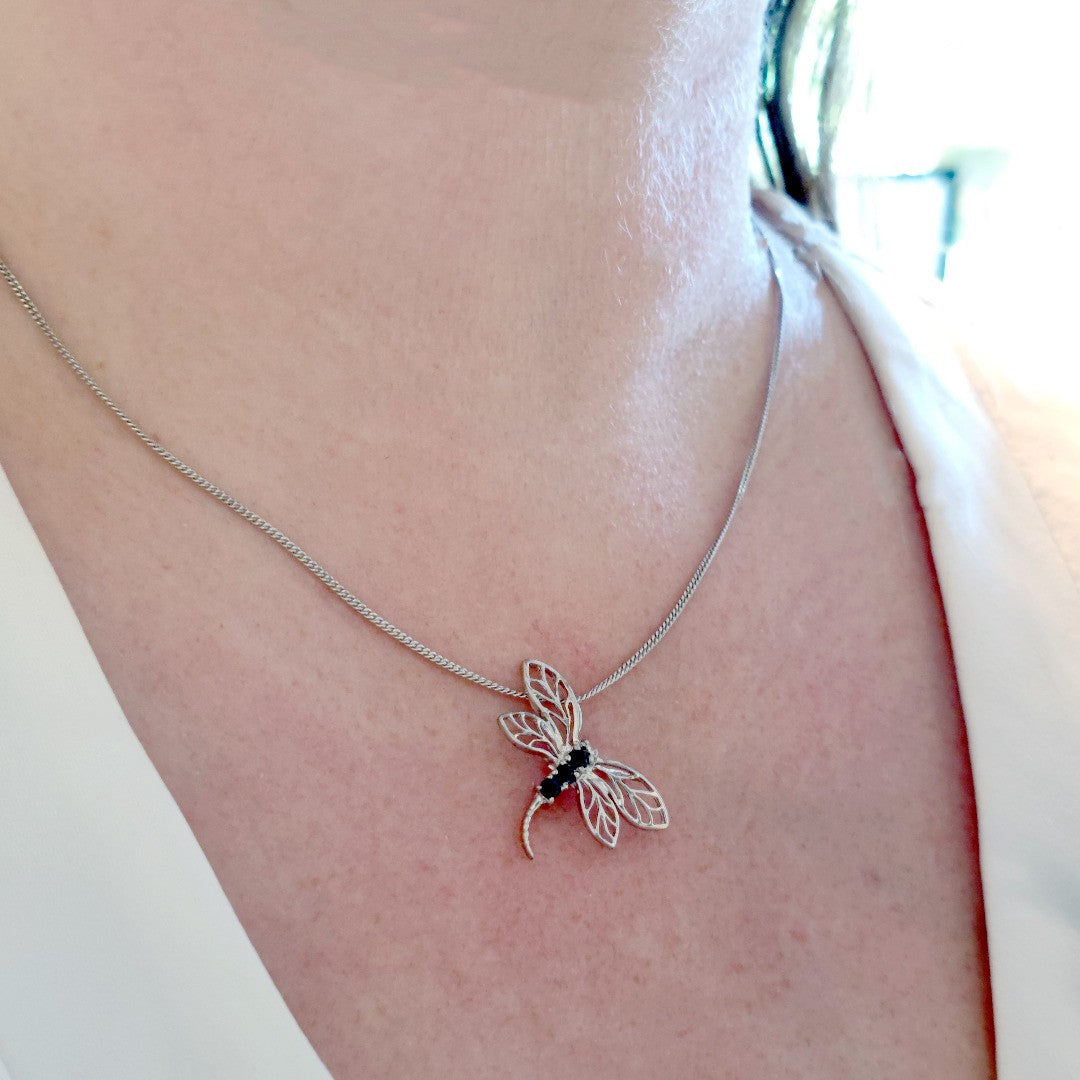 Sapphire Dragonfly Necklace in Sterling Silver