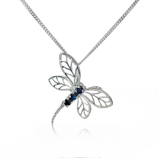 Sapphire Ink Blue Dragonfly Necklace Sterling Silver