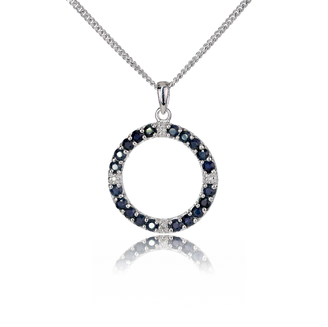 silver diamond necklace sapphire ink blue circle ojewellery 18'' chain pdsiclsr designed in the UK