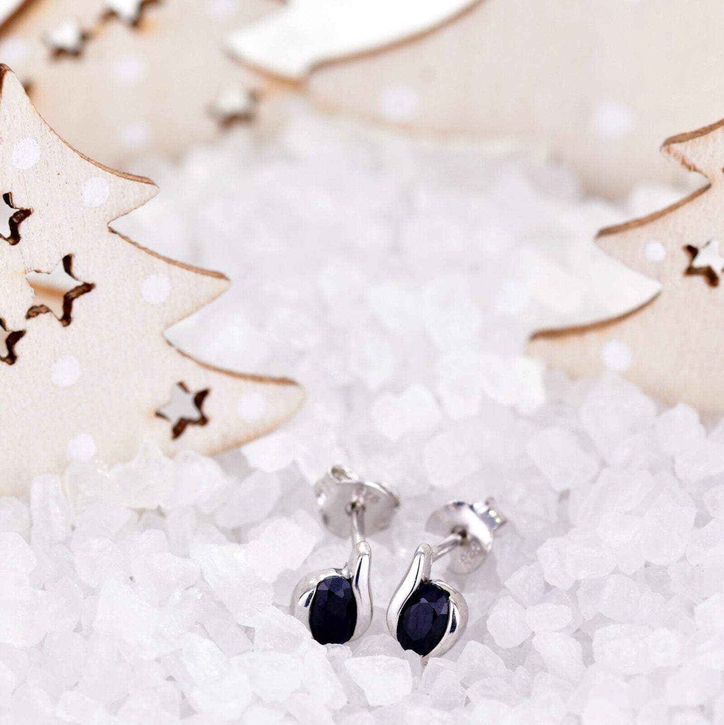 Sterling Silver Earrings Stud Sapphire Ink Blue Oval Contemporary Womens