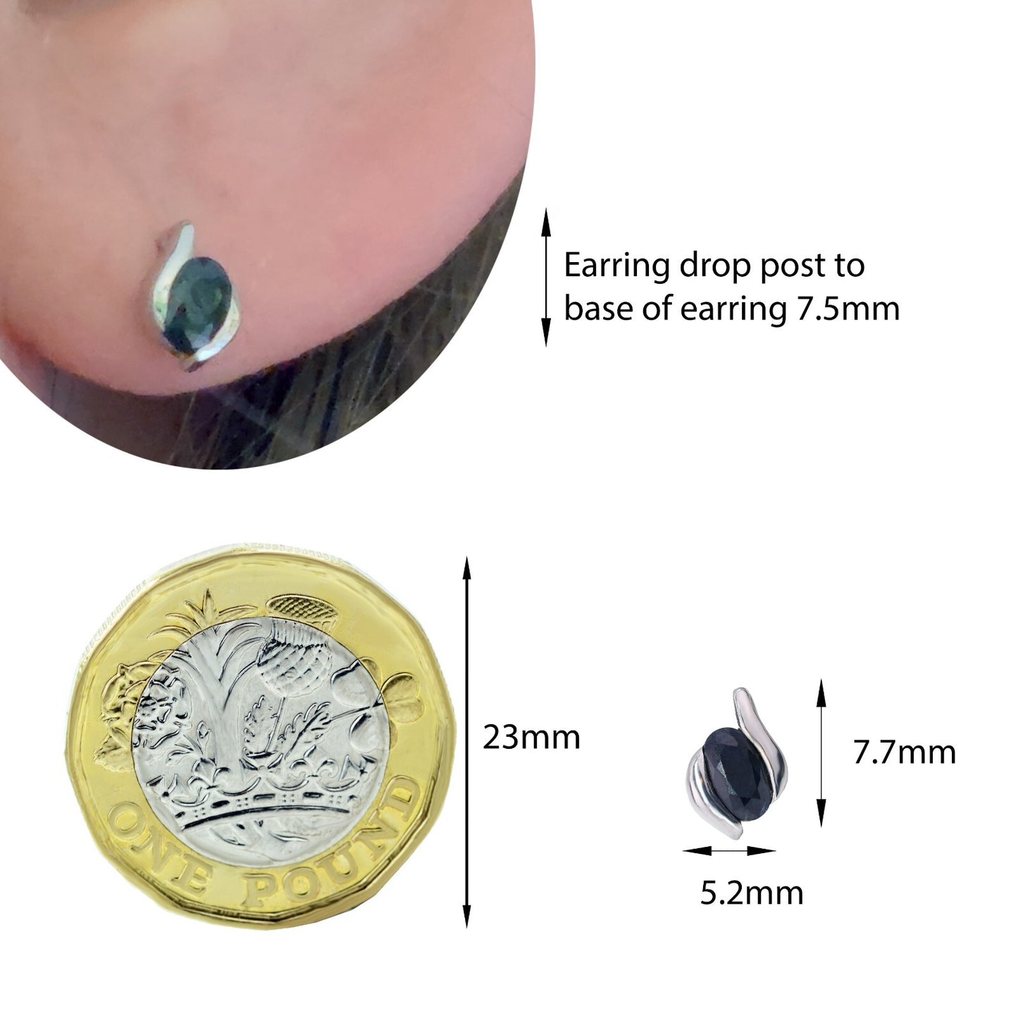 Sterling Silver Earrings Stud Sapphire Ink Blue Oval Contemporary Womens