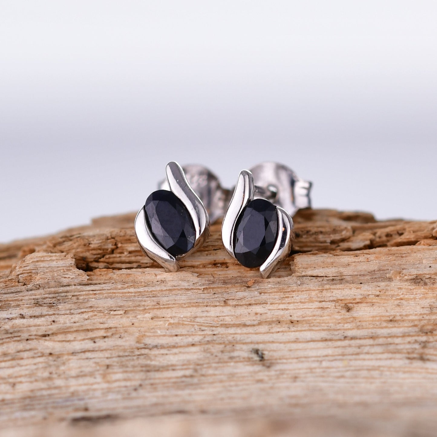 Sterling Silver Earrings Stud Sapphire Ink Blue Oval Contemporary Womens