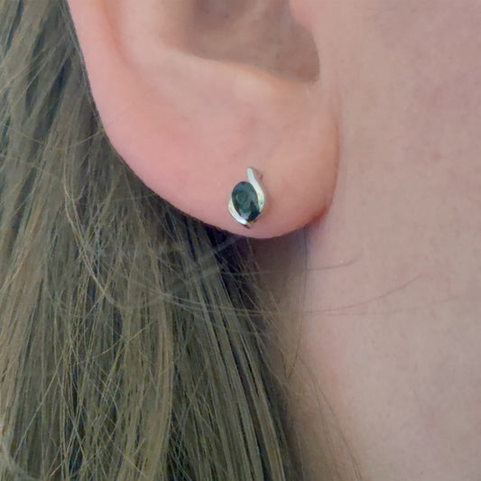 Sterling Silver Earrings Stud Sapphire Ink Blue Oval Contemporary Womens