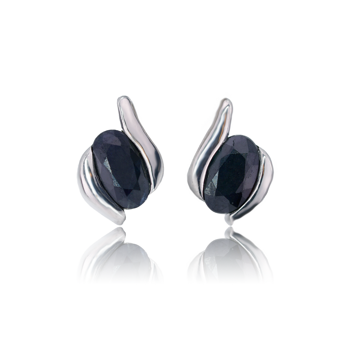 sterling silver earrings stud sapphire ink blue oval contemporary womens designed in the UK