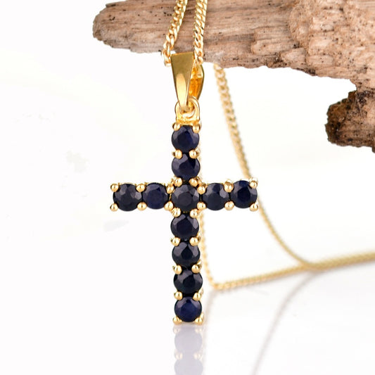 Silver Necklace Gold Plate 1.65ct Sapphire Blue Cross 18'' Chain