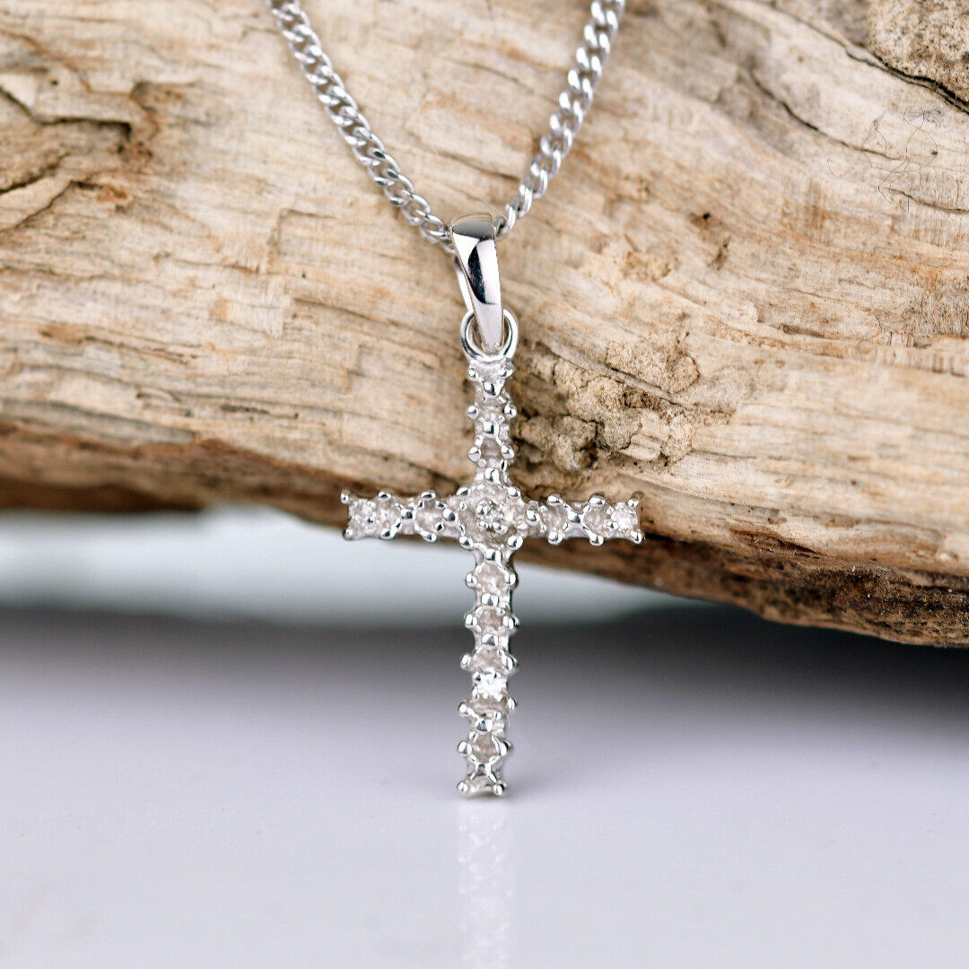 Sterling Silver Diamond Cross Necklace Natural Gemstone Pendant