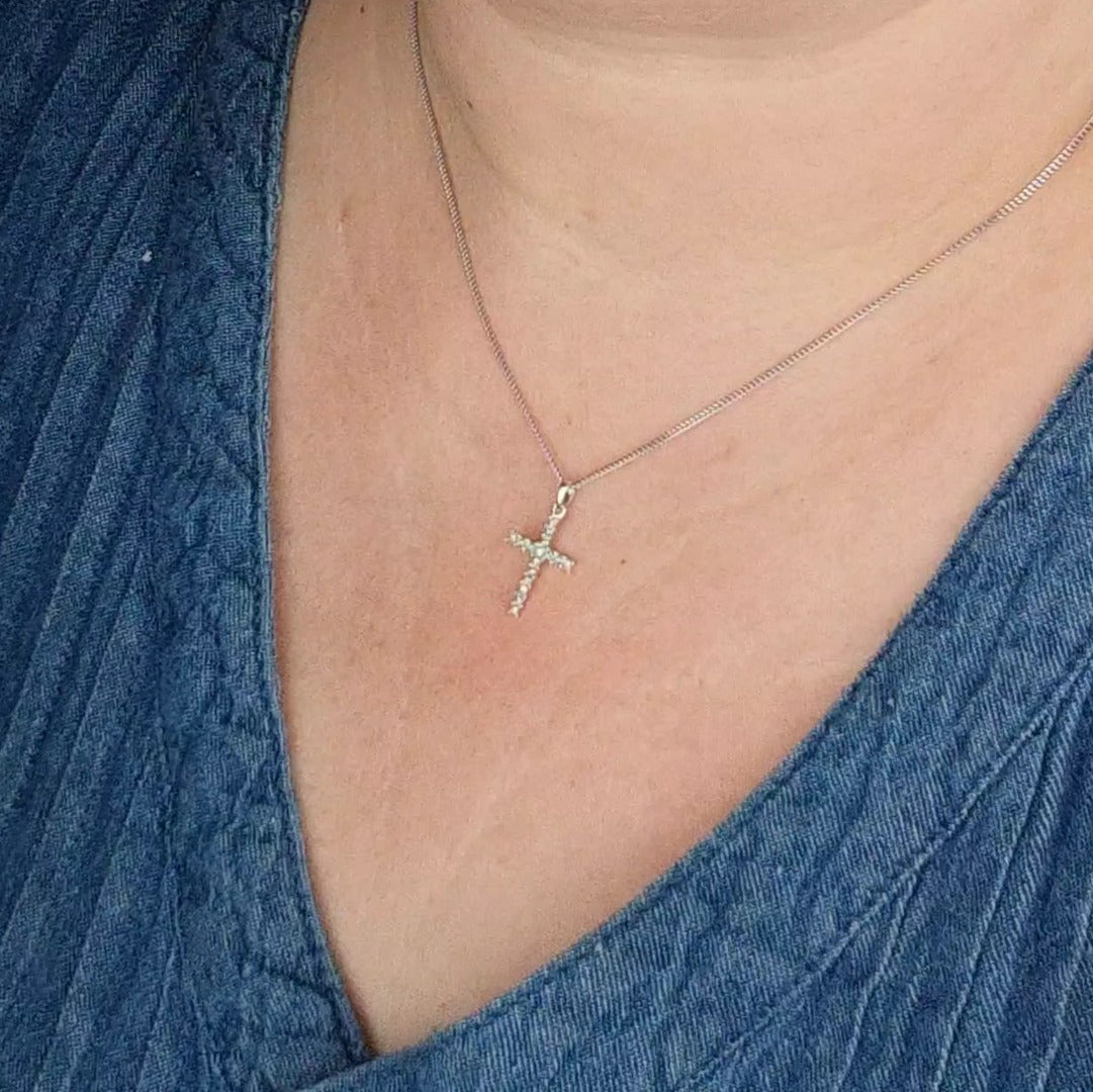 Sterling Silver Diamond Cross Necklace Natural Gemstone Pendant