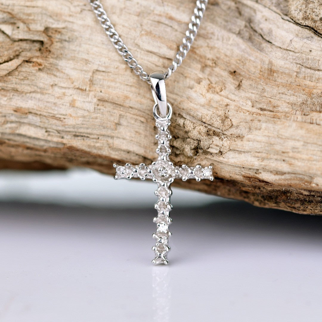 Sterling Silver Diamond Cross Necklace Natural Gemstone Pendant