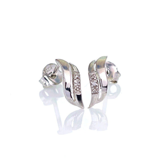 Silver Diamond Earrings Stud Wave Double