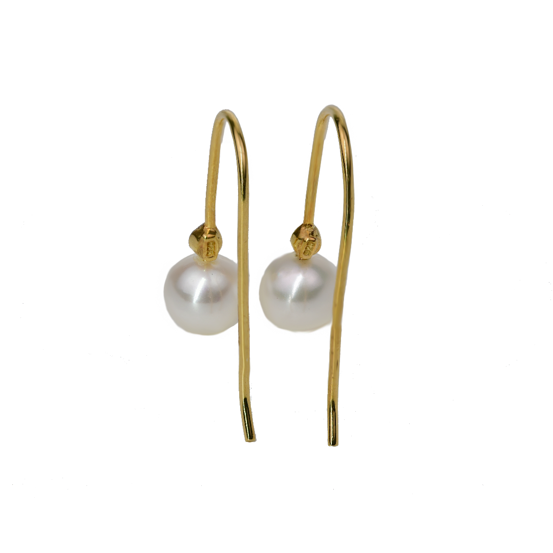 Pearl earrings with gold hooks and small diamonds on white background back view