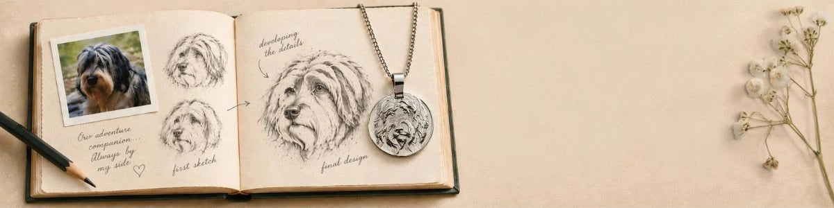 Dog pendant on an open sketch book with a pencil on it showing the design process for a custom raised engraved pendant.