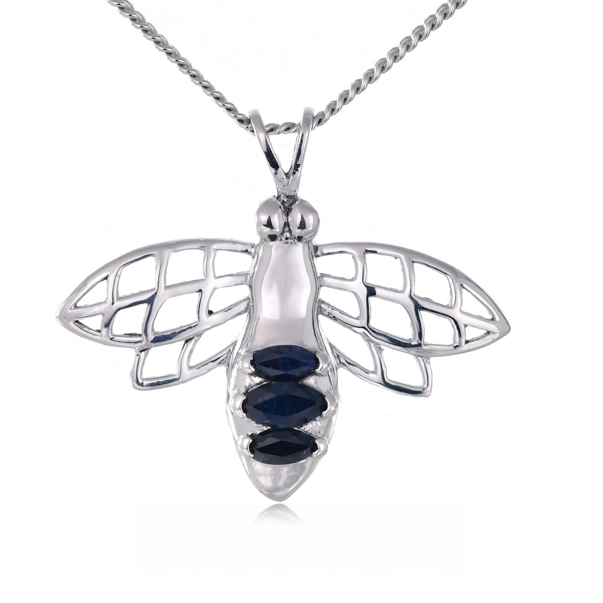 silver sapphire pendant bee blue designed in the UK