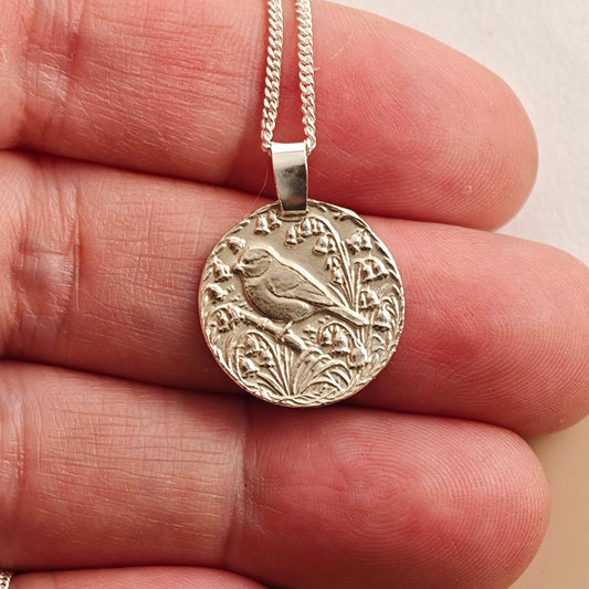 Blue Tit Engraved Sterling Silver Coin Necklace