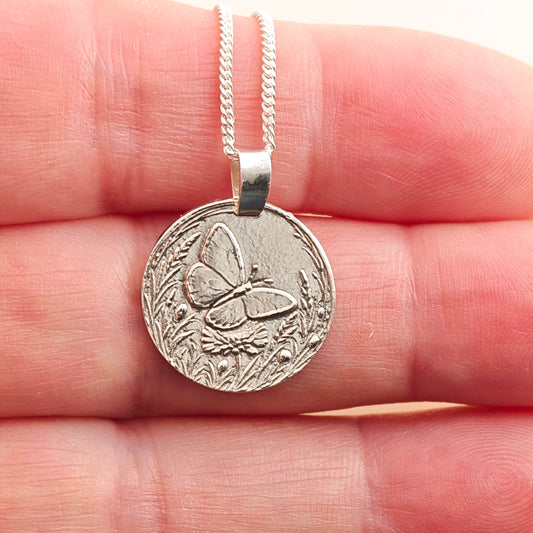 Butterfly Engraved Sterling Silver Coin Necklace