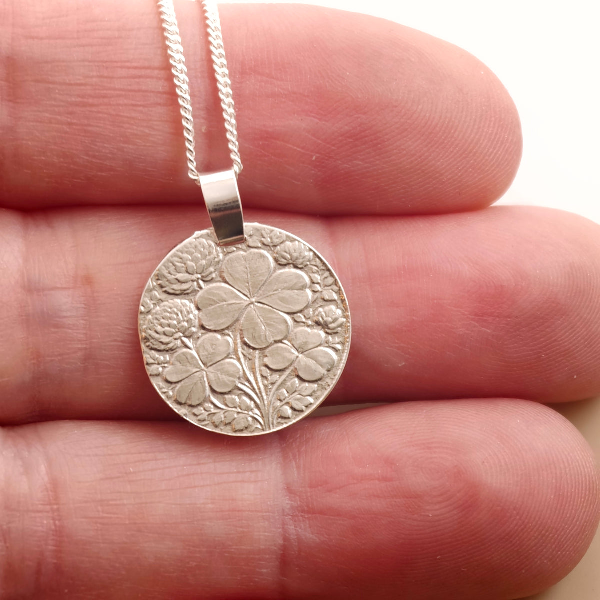 Four Leaf Clover Coin Necklace – Deep Engraved Recycled Sterling Silver