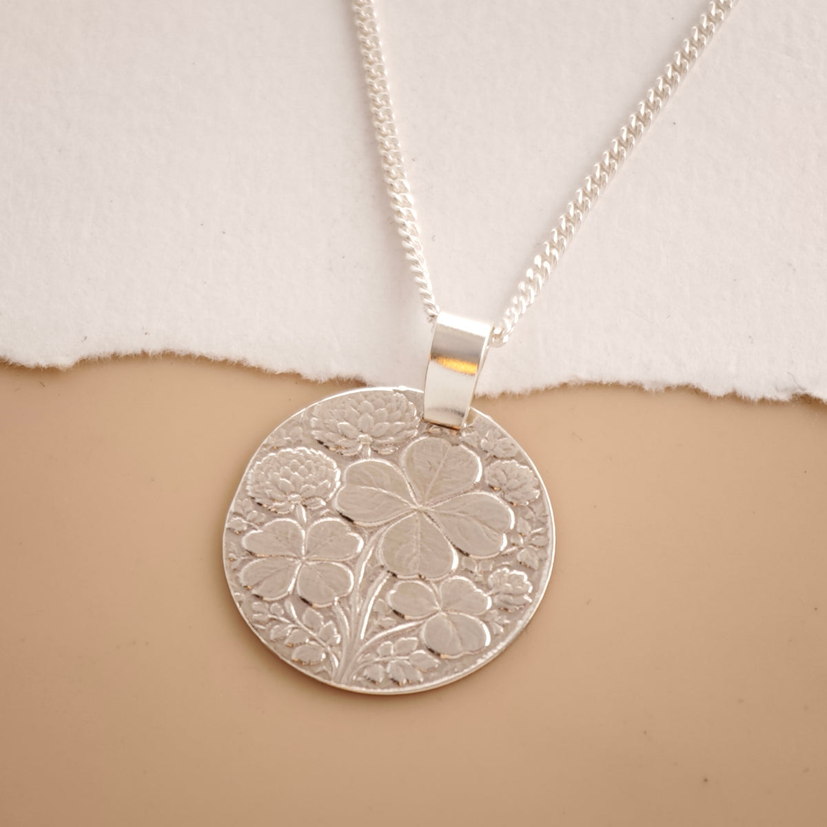 Four Leaf Clover Coin Necklace – Deep Engraved Recycled Sterling Silver
