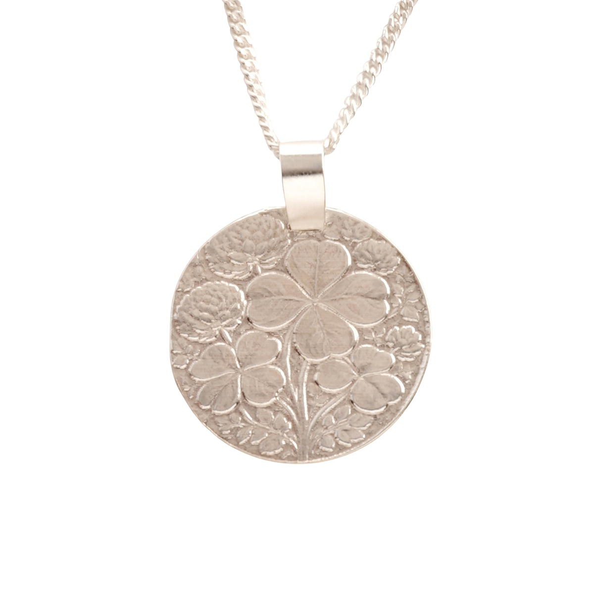 Four Leaf Clover Coin Necklace – Deep Engraved Recycled Sterling Silver
