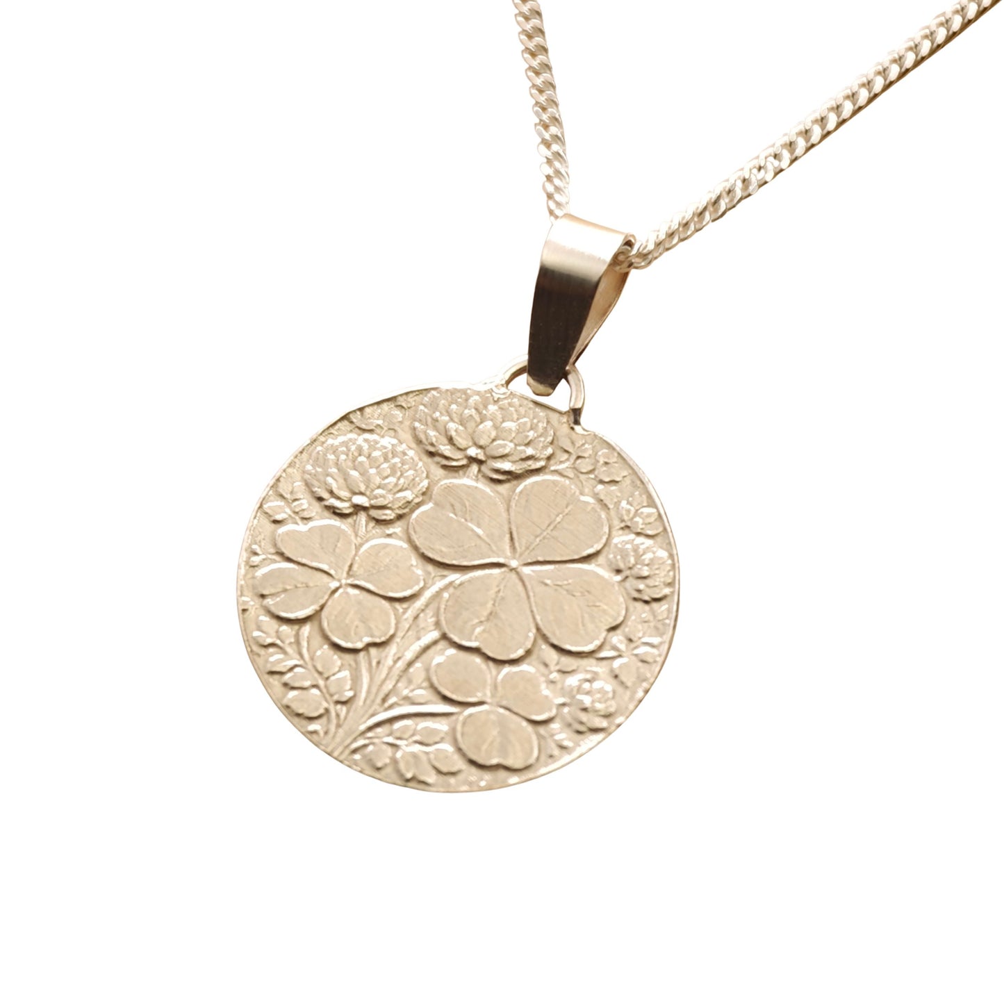 Clover Engraved Sterling Silver Coin Necklace